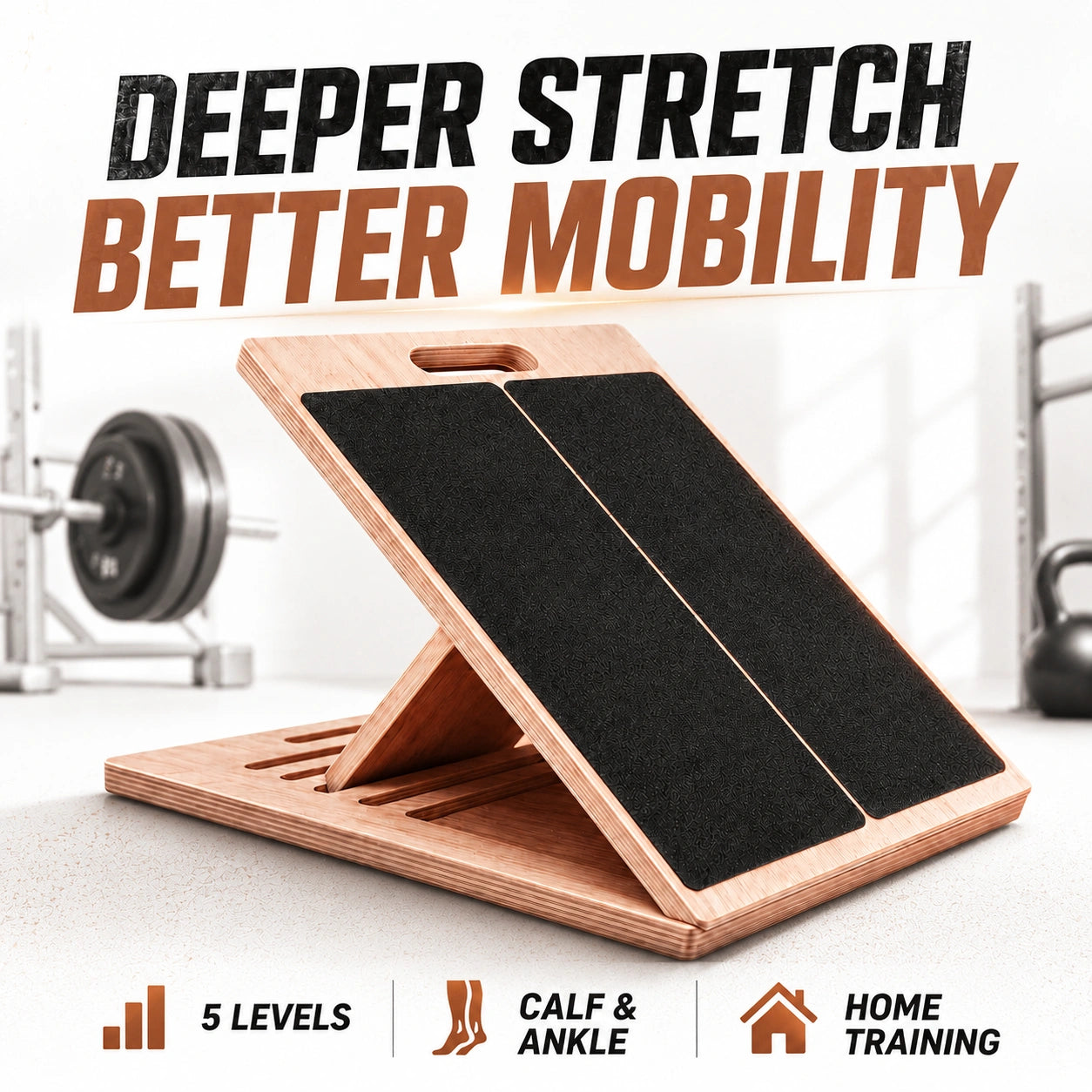 Wooden stretching board with black foam pads on a white background, featuring text about deeper stretch and better mobility.