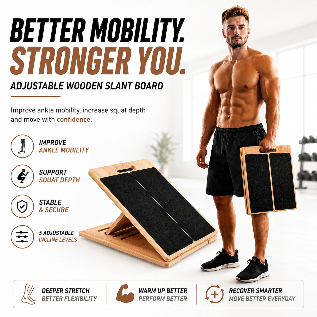 Man holding an adjustable wooden slant board with fitness benefits text overlay