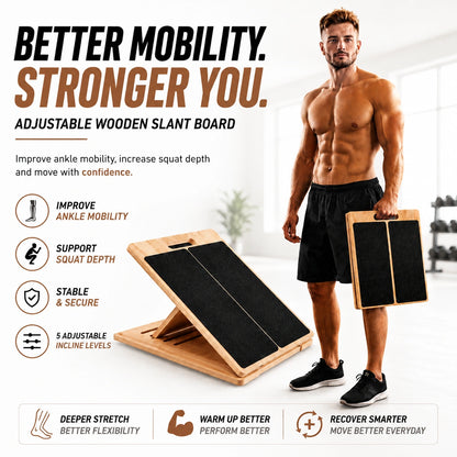 Man holding an adjustable wooden slant board with fitness benefits text overlay
