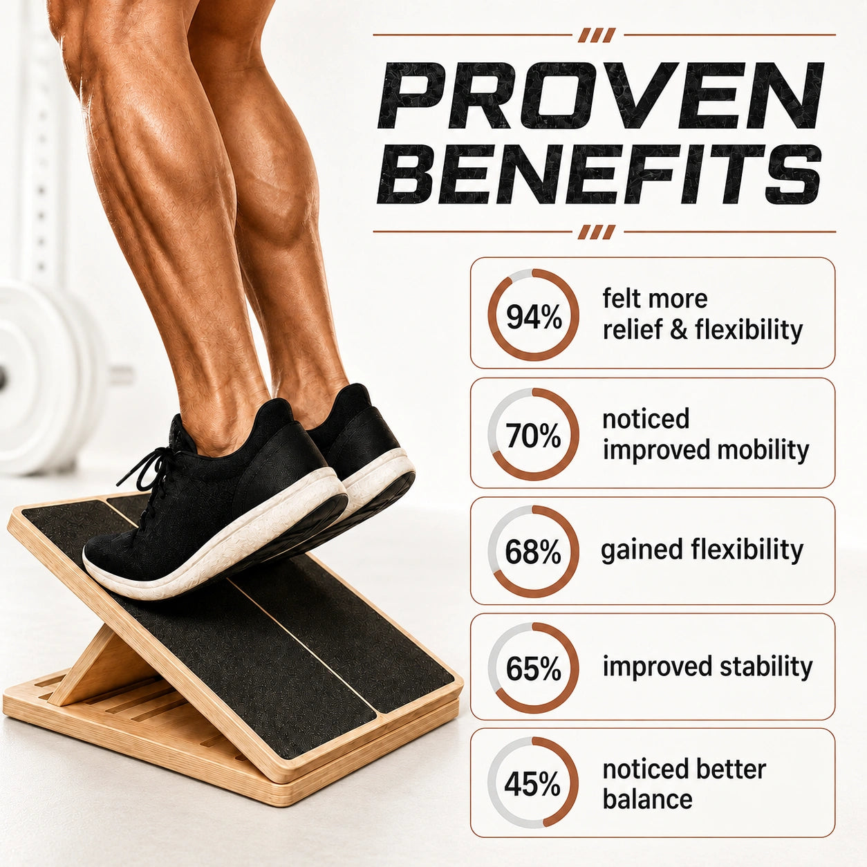 Person using a wooden balance board with proven benefits text and statistics on a white background
