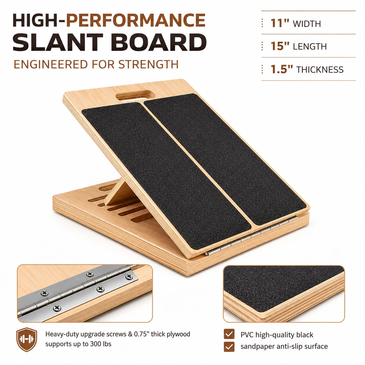 High-performance slant board with specifications on a white background