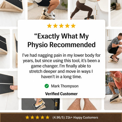 Product advertisement with customer testimonial and images of people using a tool.