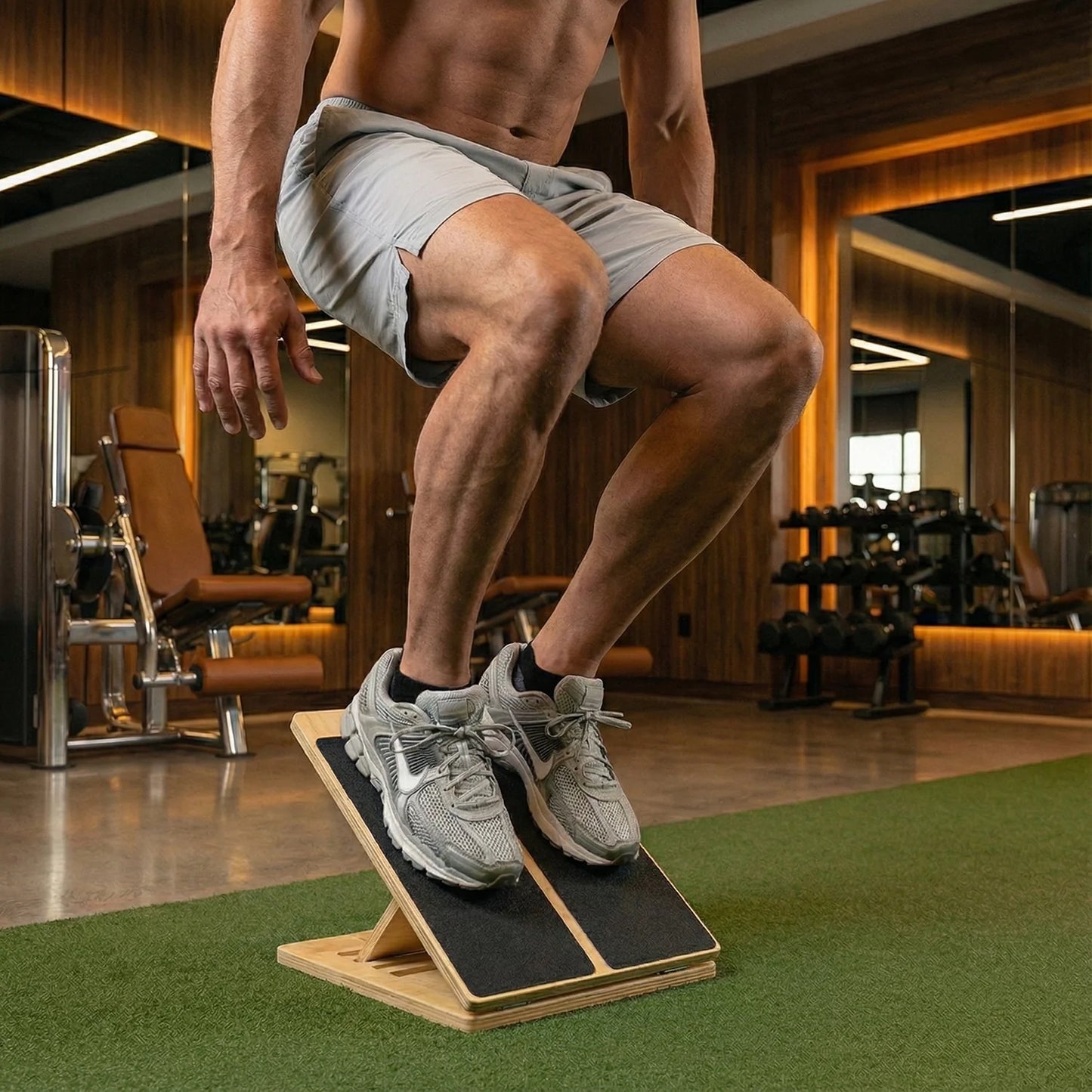 Person using a step platform in a gym setting