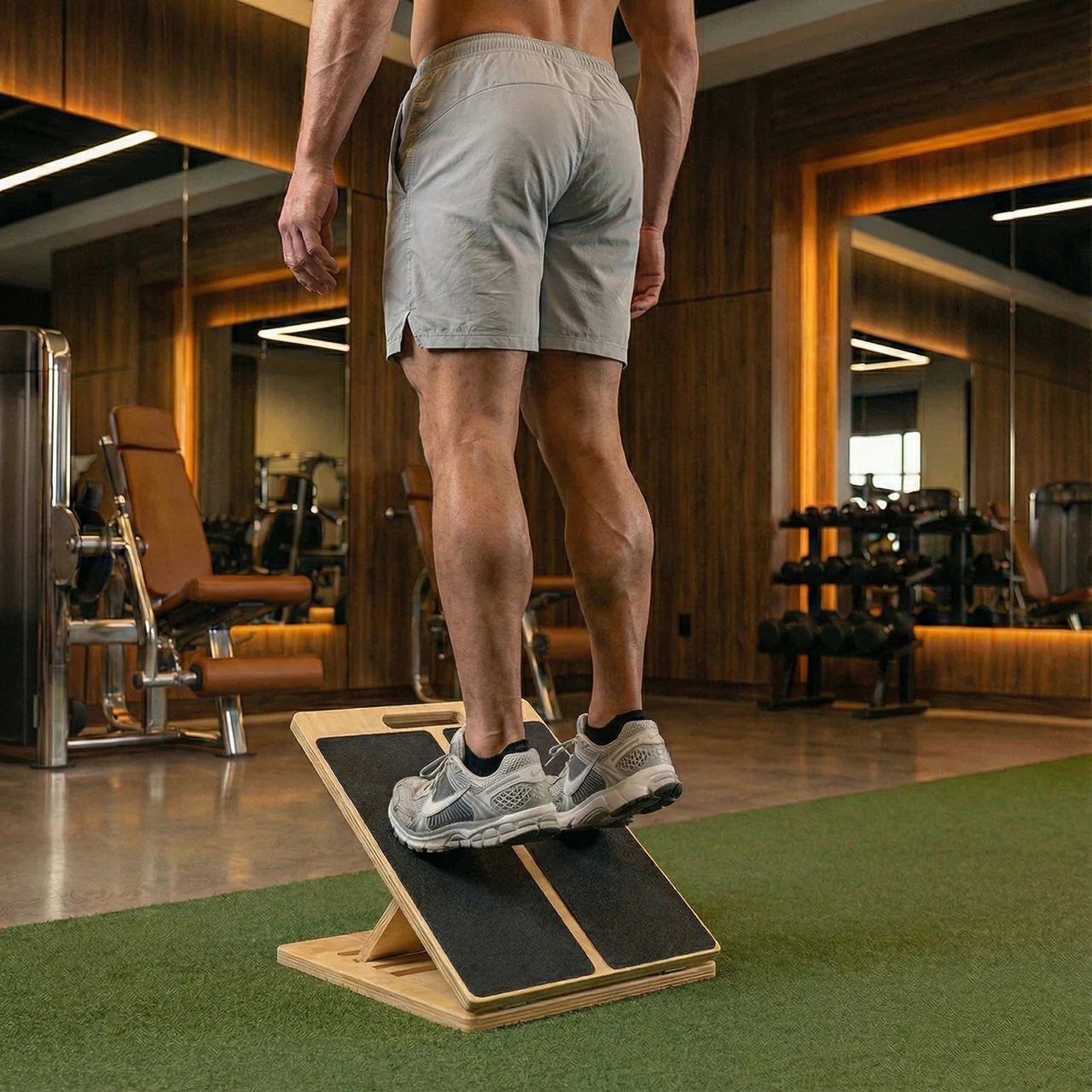 Person using a wooden balance board in a gym setting