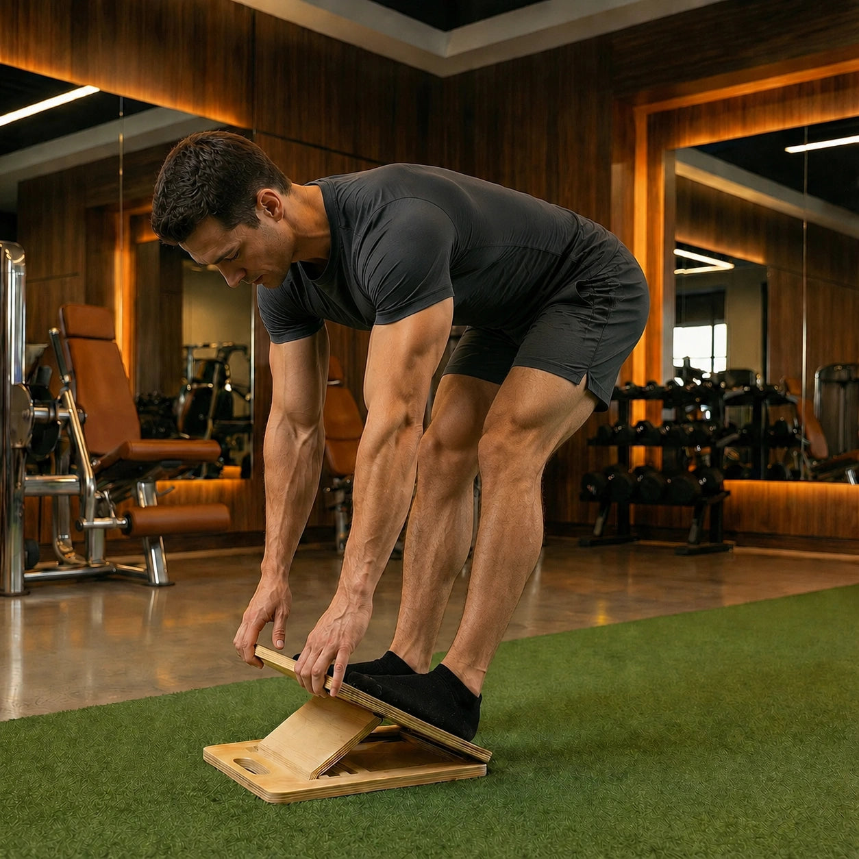 Man performing balance exercises on a wooden step in a gym setting